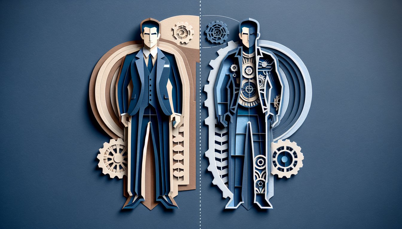 Paper art illustration of Batman symbol, Iron Man mask side by side on dark blue background for billionaire hero quiz