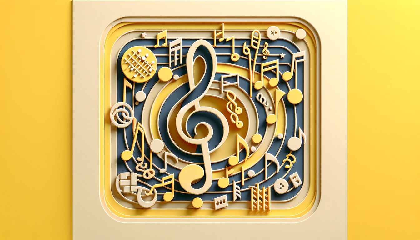 Paper art illustration shows treble clef, bass clef, notes, accidentals on golden yellow background for music theory quiz