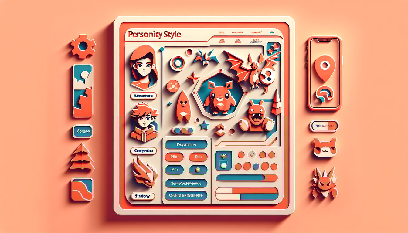 paper art illustration of colorful pokeballs and simplified pokemon silhouettes on coral background for team style quiz