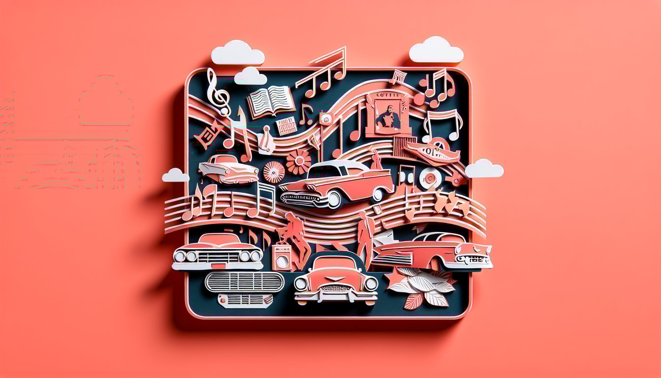 Paper art illustration for grease movie trivia quiz on a coral background