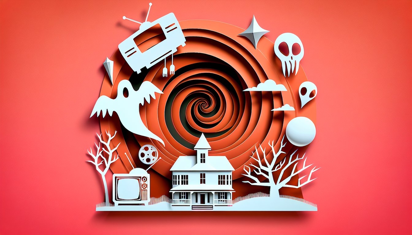 Paper art illustration for Poltergeist trivia quiz on a coral background