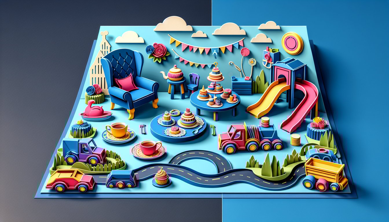 Quiz illustration featuring Boy Mom or Girl Mom theme with tea party and toy truck elements on dark blue background.