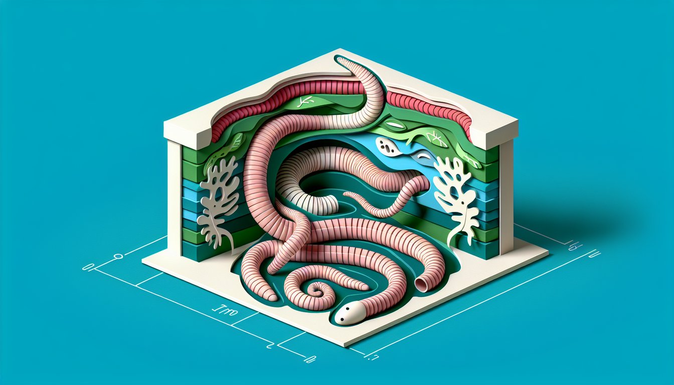 Paper art earthworm dissection diagram with labeled segments anatomy and tools set against teal background for quiz
