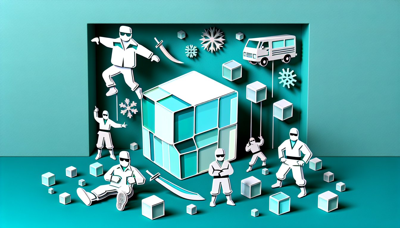 Paper art illustration of quiz theme featuring Vanilla Ice song titles Ice Ice Baby and Ninja Rap on teal background