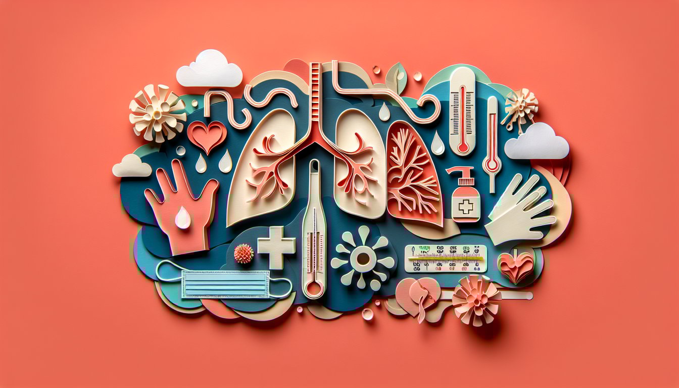 Paper art illustration for pneumonia symptoms quiz on a coral background