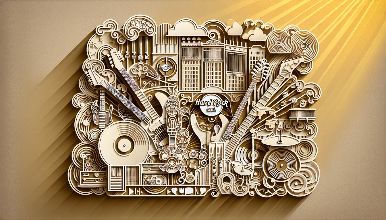 Paper art style golden yellow background featuring Hard Rock Cafe quiz guitar music notes B1 English challenge online test