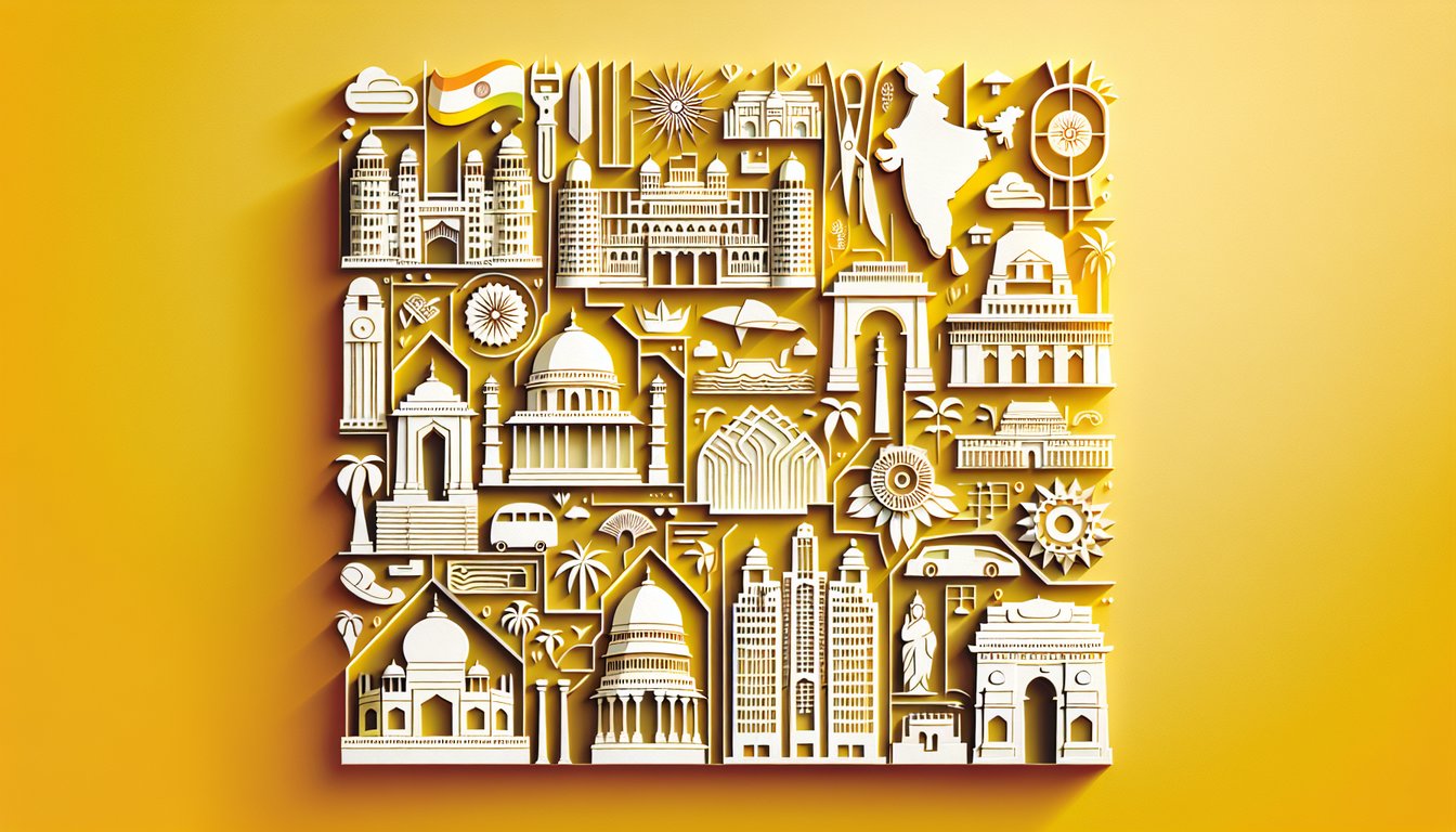 Paper art illustration for India state capitals quiz on a golden yellow background
