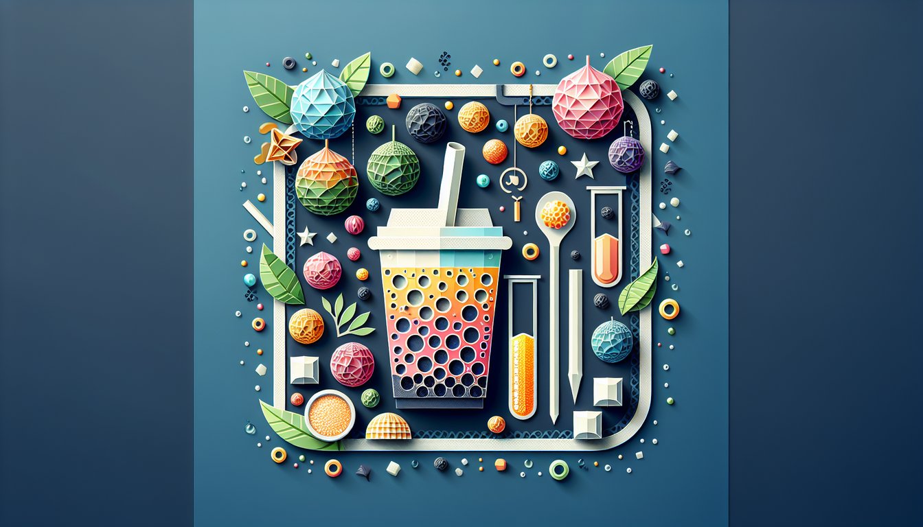 Colorful paper art depicting elements related to a Bubble Tea Trivia Quiz.
