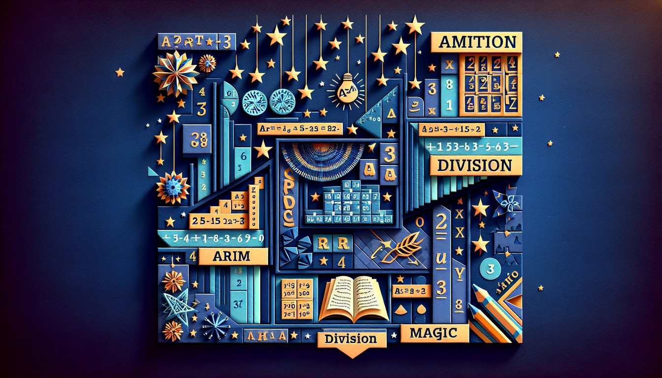 Colorful paper art promoting Array Division Magic practice quiz for middle school students.