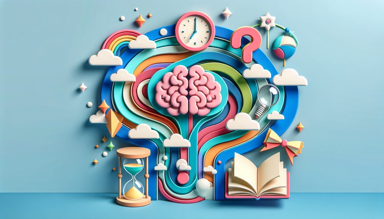 Paper art illustration of quiz concept with paper cut shapes question marks and self reflection icons on sky blue background.