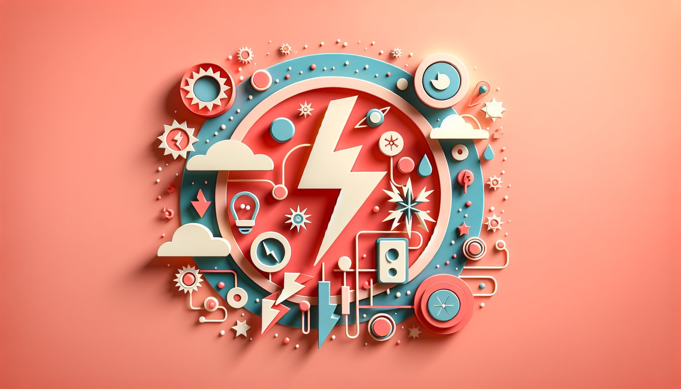 Paper art illustration of battery, lightning bolt, and charged particles for electricity quiz on coral background