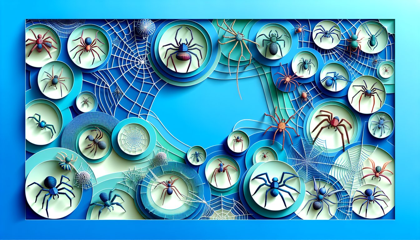 Paper art illustration for spider trivia quiz on a sky blue background