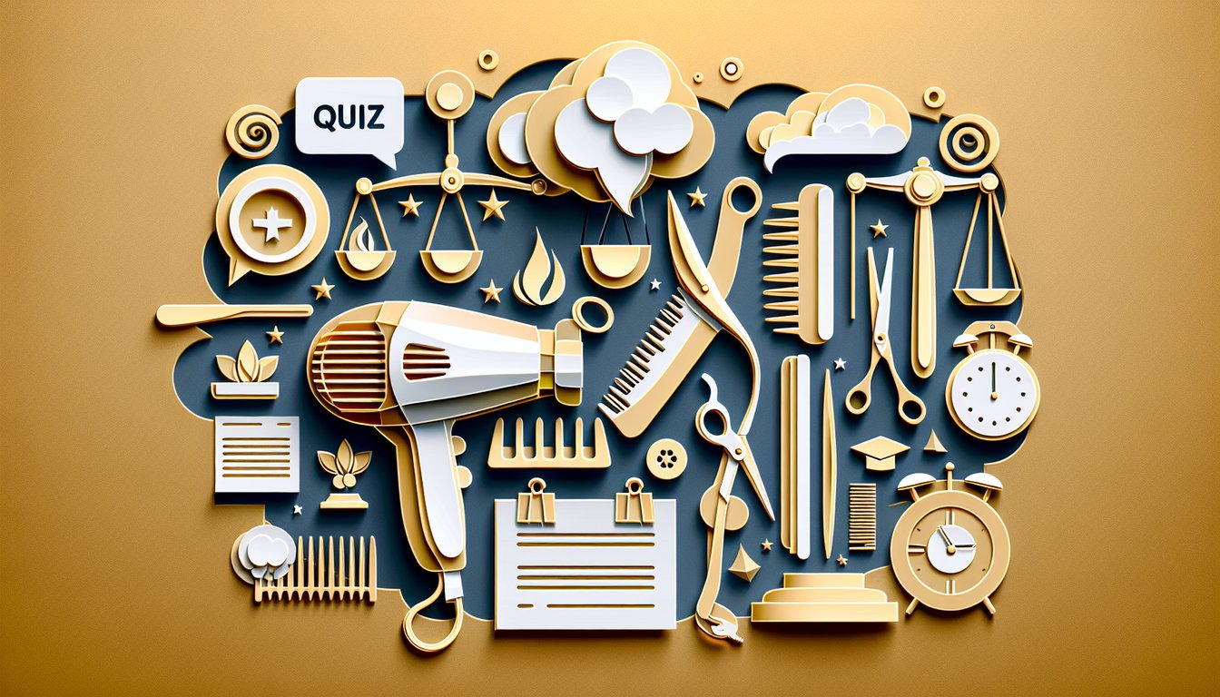 Paper cut illustration of cosmetology license quiz papers and state board icons on golden yellow background.