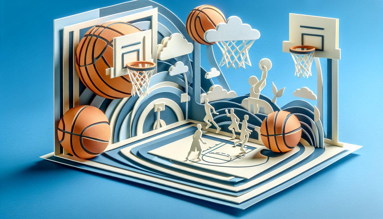 Paper art illustration for basketball knowledge quiz on sky blue background