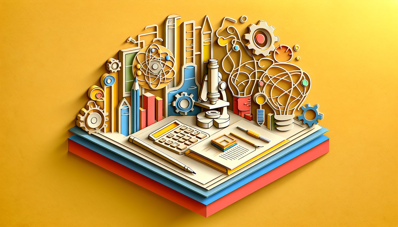 Paper cut art showing students science commerce arts icons on golden yellow background for stream choice quiz after 10th