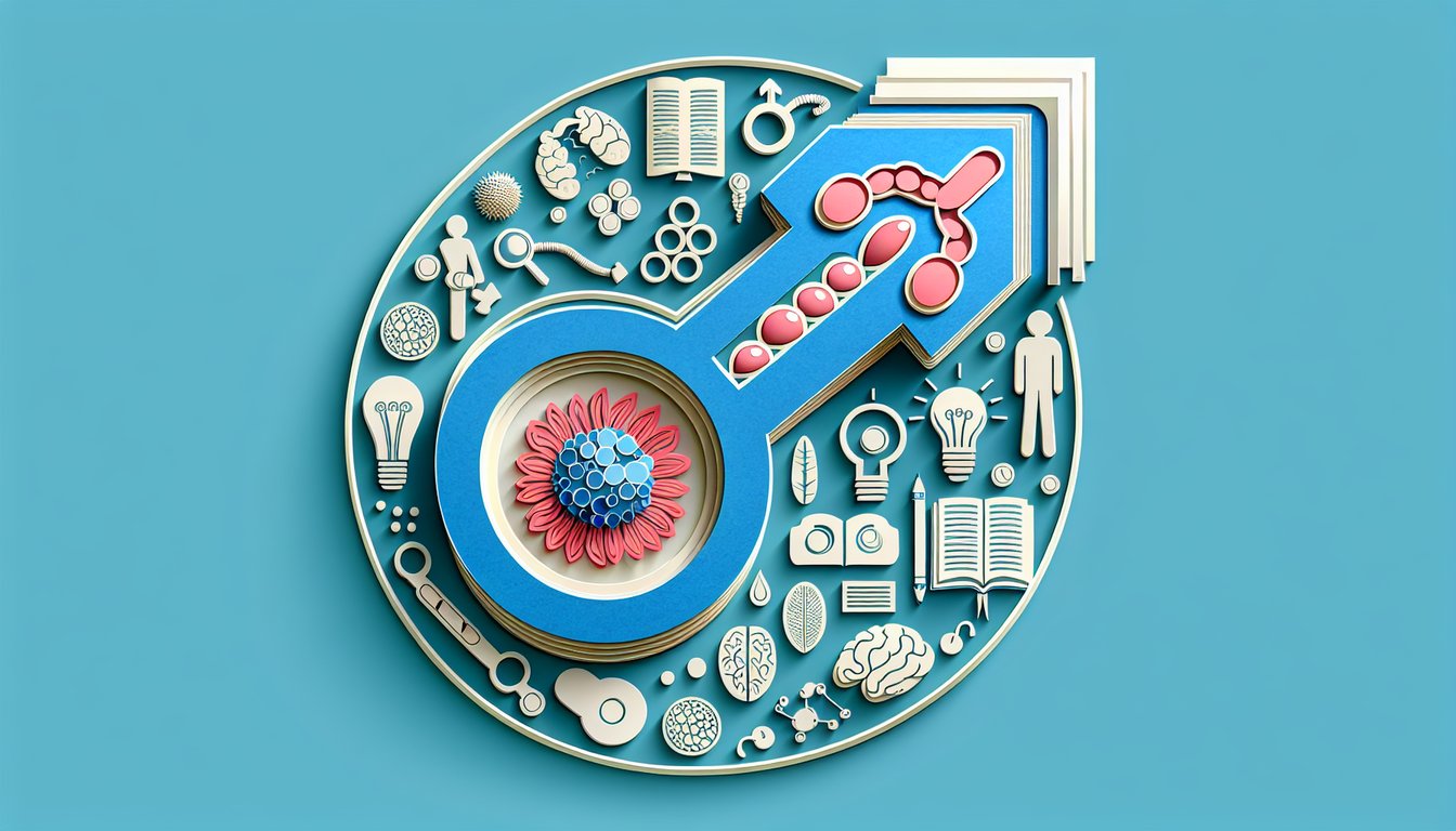 Paper cut illustration of stylized sperm testis vas deferens icons with quiz title on sky blue background
