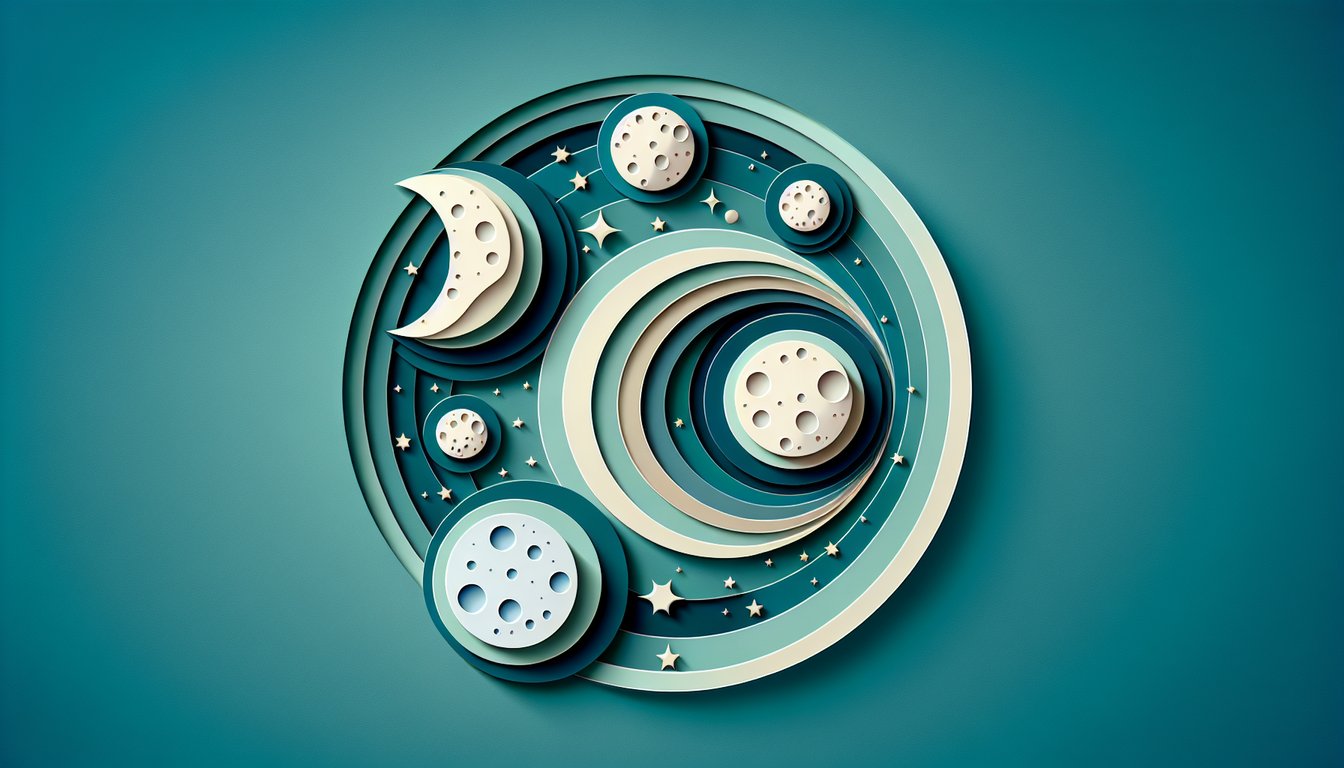 Paper art moon phases arranged around glowing orb on teal background with quiz title and lunar cycle theme