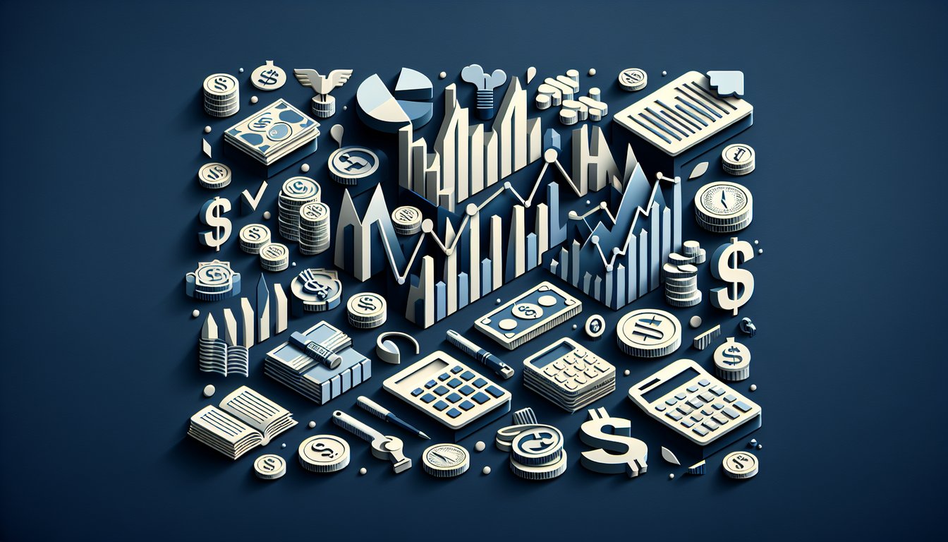 Paper cut style coins, bills, upward arrow chart and question mark on dark blue background