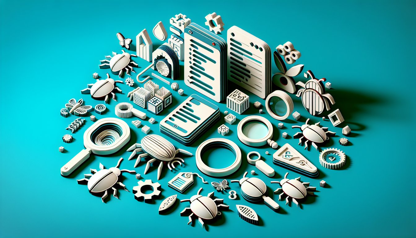 Paper art illustration of code snippets bugs magnifying glass and C programming icons on teal background