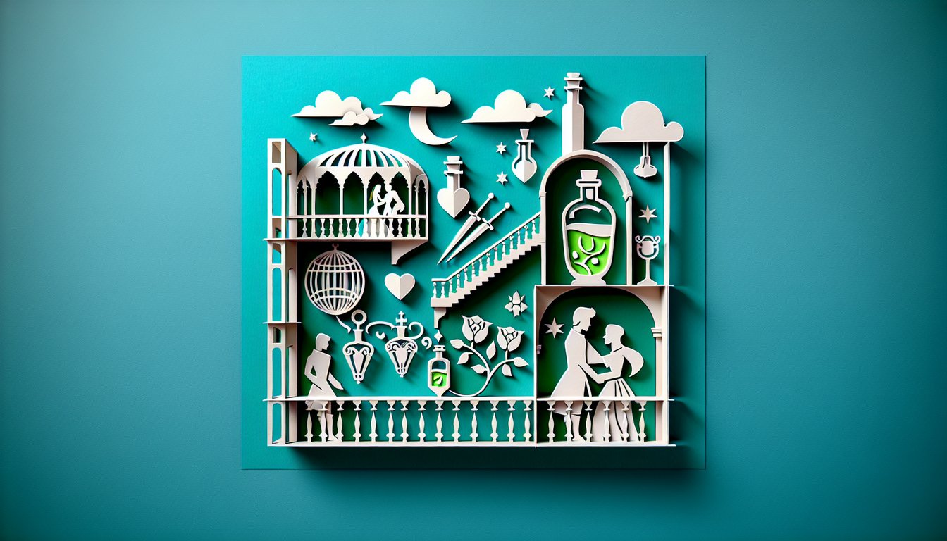 Paper art illustration of Romeo and Juliet motifs and quiz title on teal background