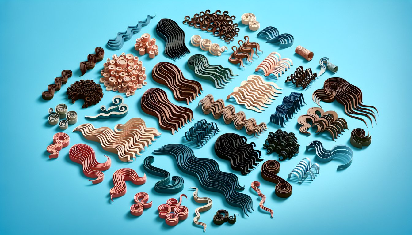 Paper art illustration for curl type quiz with hair patterns and textures on a sky blue background.