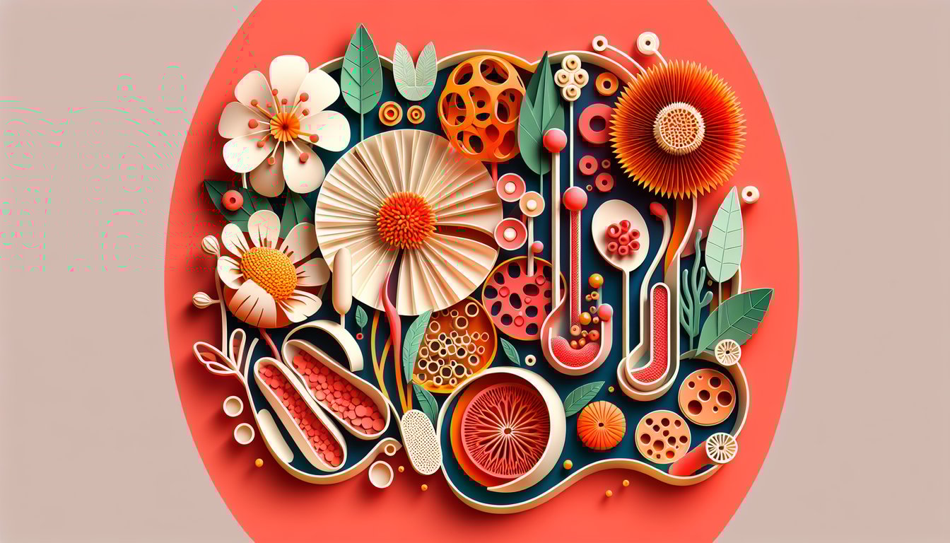 Paper art illustration of plants flowers and pollination symbols on coral background