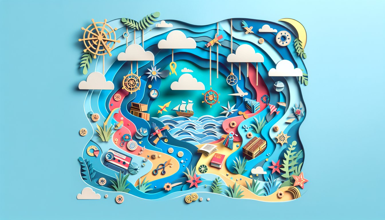 Paper art illustration for Goonies movie trivia quiz on sky blue background