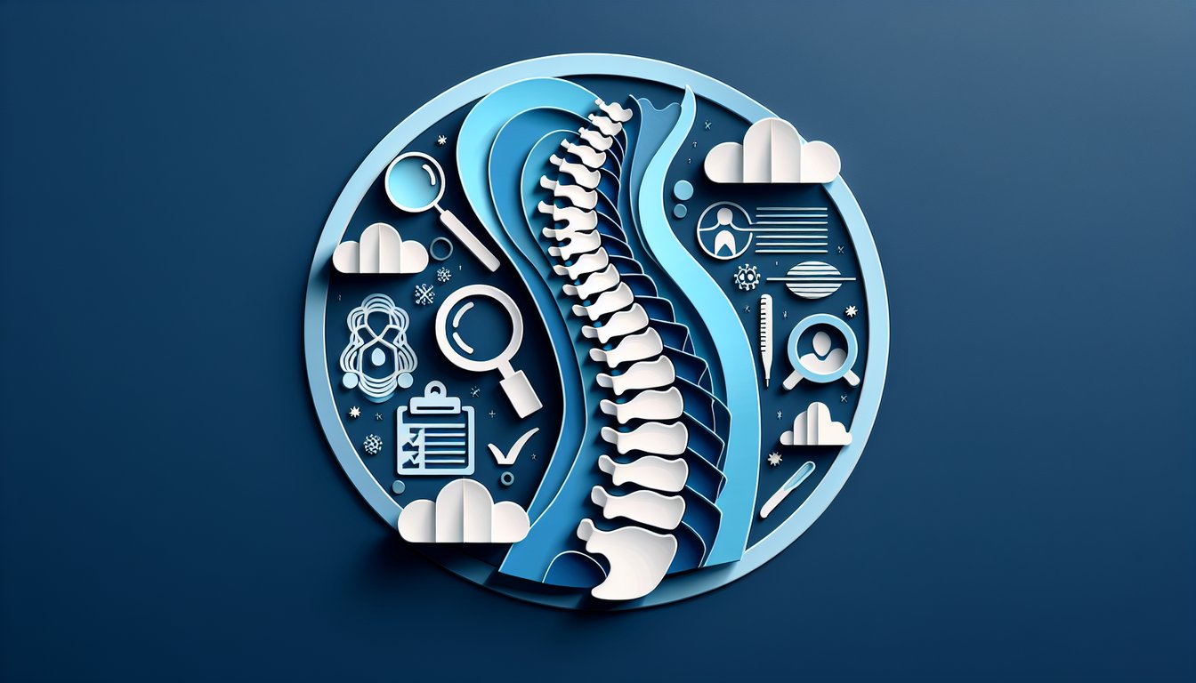 Paper art illustration for scoliosis quiz on dark blue background
