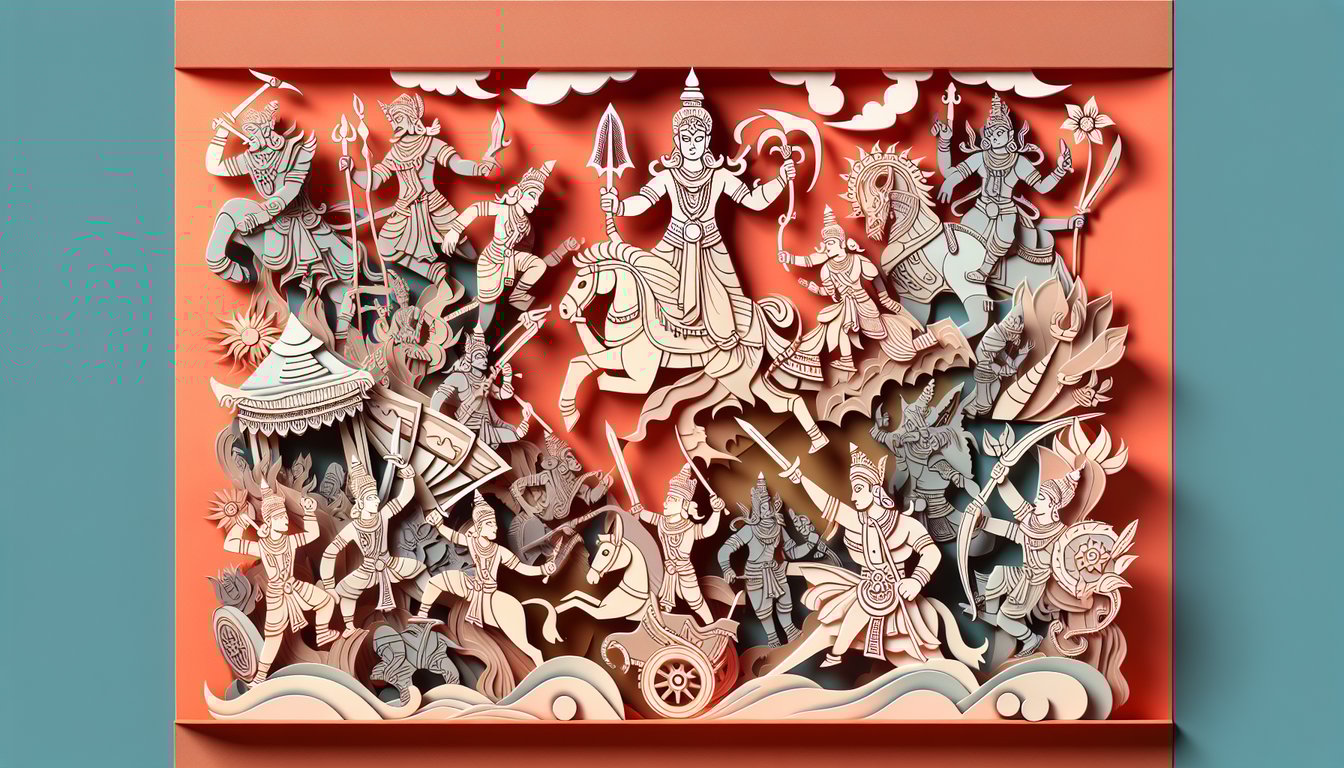 Paper art illustration for Hindu mythology quiz on a coral background