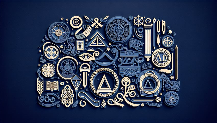 Paper art quiz on dark blue background for Alpha Gamma Delta initiation test on sisterhood traditions history and values