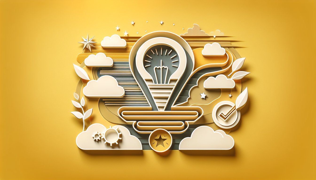 Paper cut art showing book chapter six quiz elements speech bubbles, checklist, bold text marks on golden yellow background