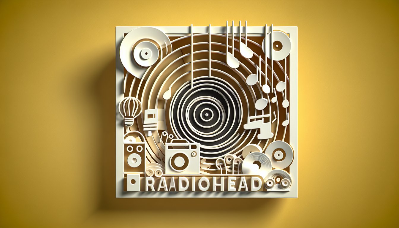 Paper art radiohead quiz illustration with vinyl record guitar lyric sheets on golden yellow background.