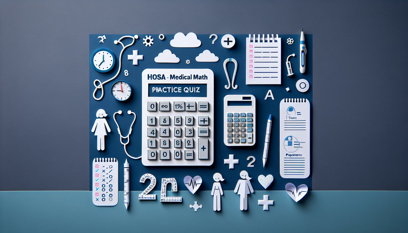 Colorful paper art promoting HOSA Medical Math Mastery practice quiz for high school students.