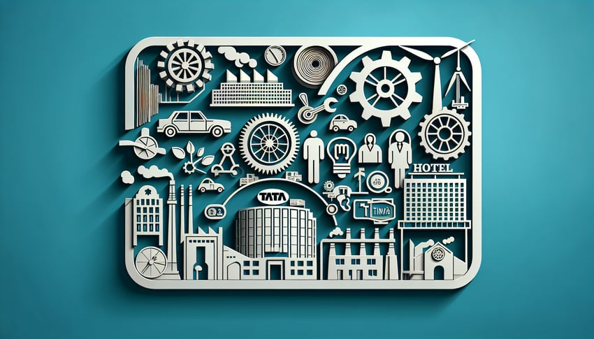 paper art illustration featuring Jamsetji Tata silhouette quiz icons milestones on teal background