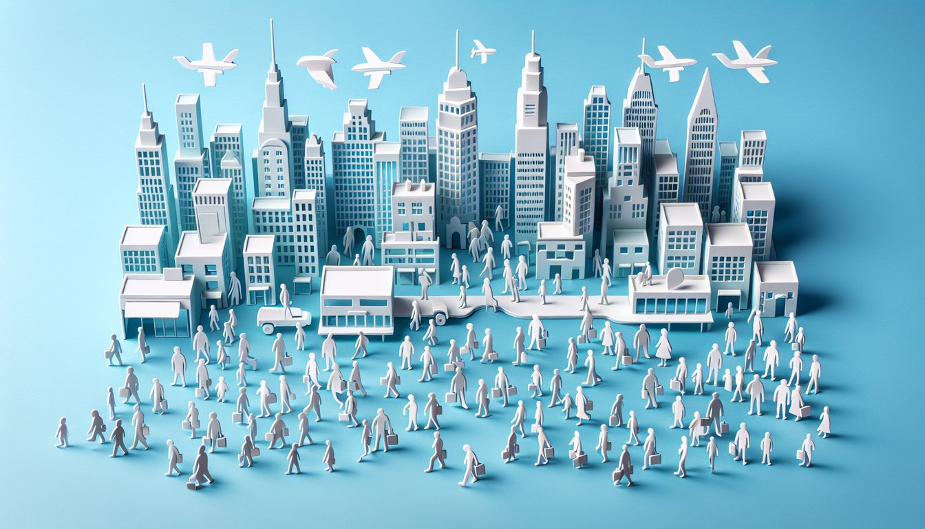 Paper cut illustration of diverse figures on sky blue background depicting census demographics immigration melting pot quiz