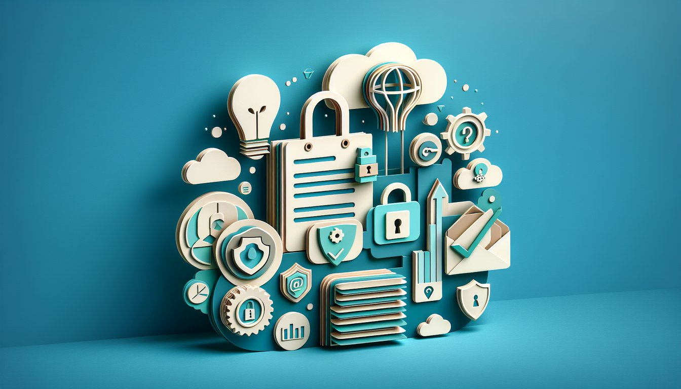 paper art illustration with document cutouts pen quiz shield classified stamp score icons on teal background