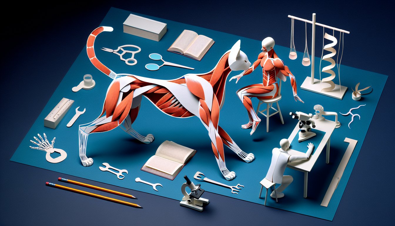 Paper art promoting a trivia quiz on feline muscle anatomy for advanced high school or college students.