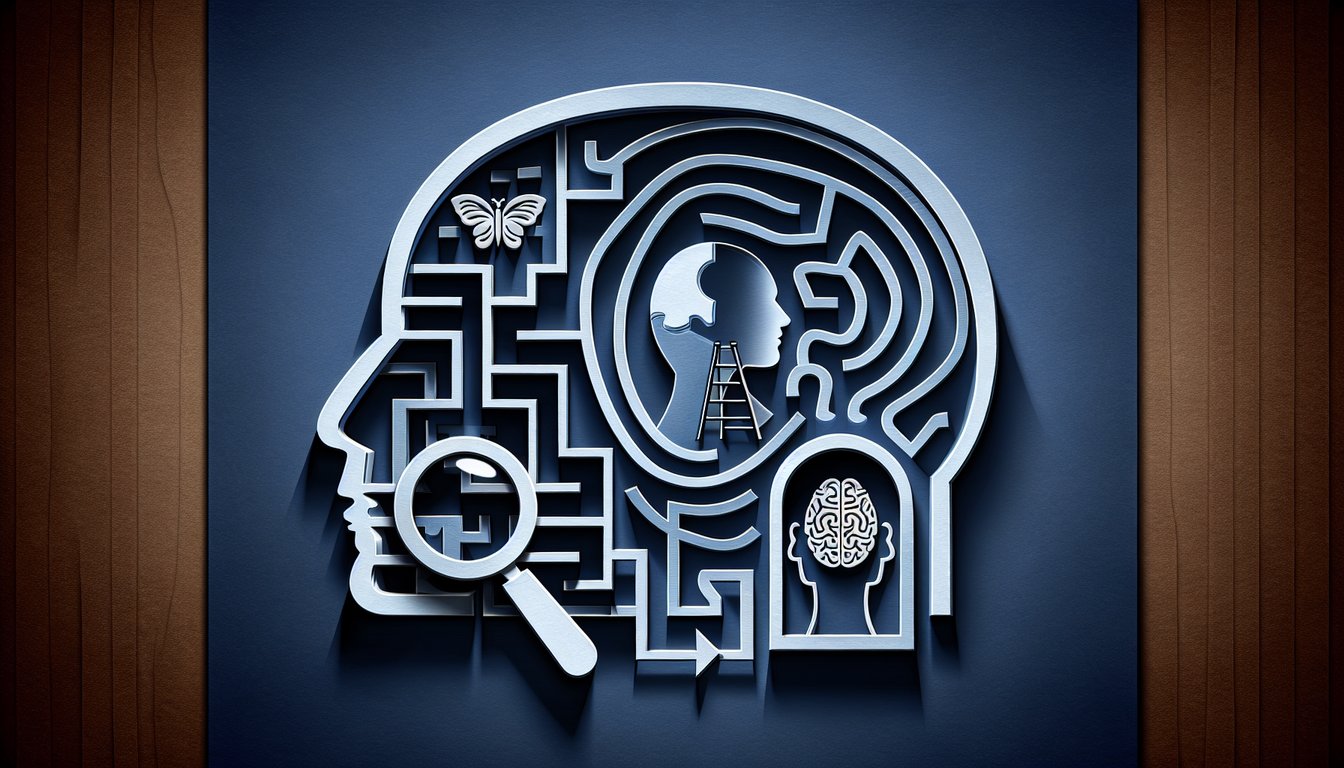 Layered paper art portrait facing a mirrored reflection on dark blue background with bold quiz headline text