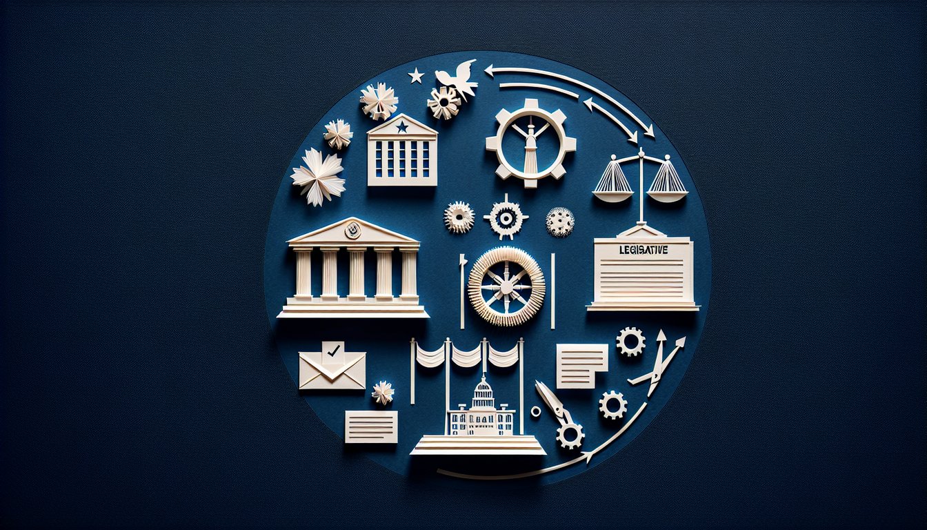 Colorful paper art depicting a social studies trivia quiz on government branches.