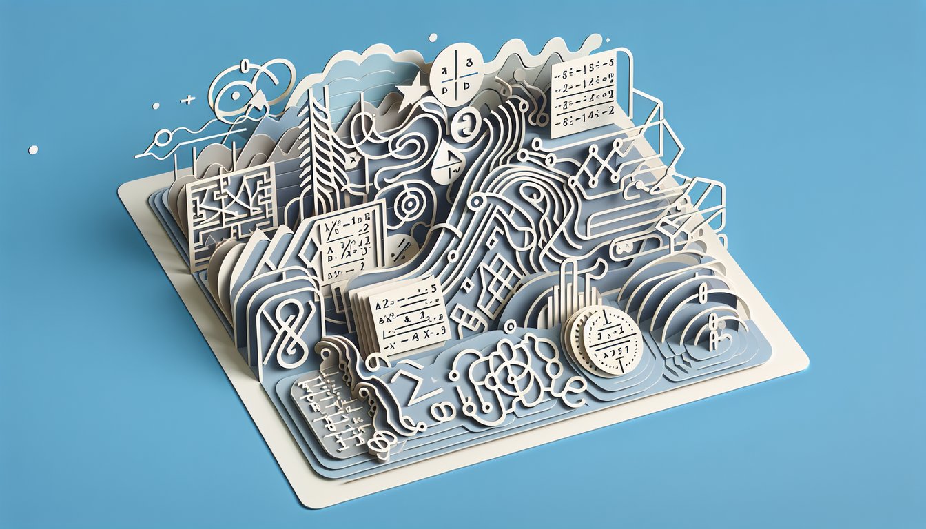 Paper art illustration for algebra skills quiz on a sky blue background