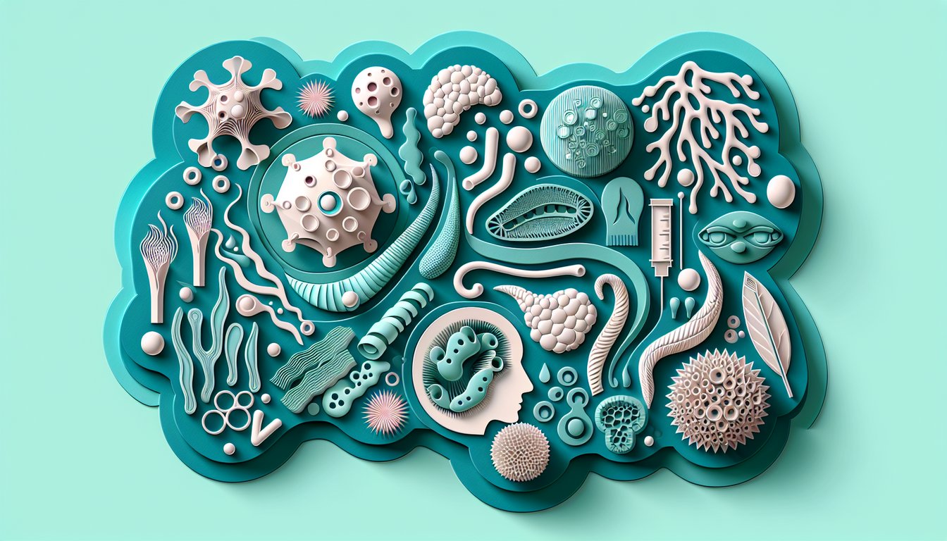 paper art cutout style quiz illustration on teal background with nose and body biological prefix symbols and title text