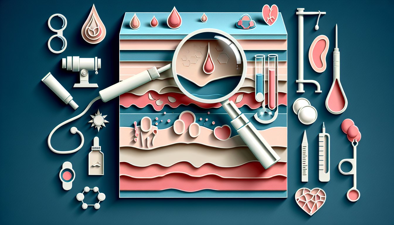 paper art style cutaway of skin layers with magnifying glass showing rashes spots quiz banner on dark blue background