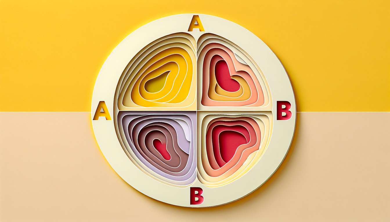 Paper cut style blood drop icons and blood type letters A B AB O on golden yellow background for personality quiz