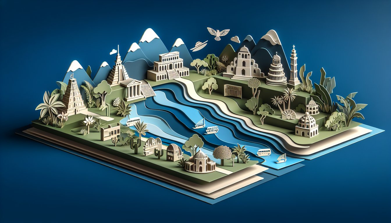 Paper art layered map of South America and quiz title Am I in South America on dark blue background