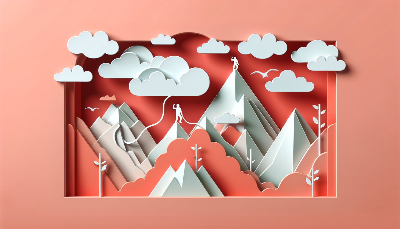 Paper art illustration of father and son walking with briefcase on coral background for Pursuit of Happyness trivia quiz