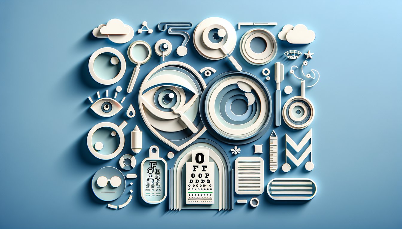 Paper art illustration of eye chart letters glasses and eyeball shapes on sky blue background representing vision quiz