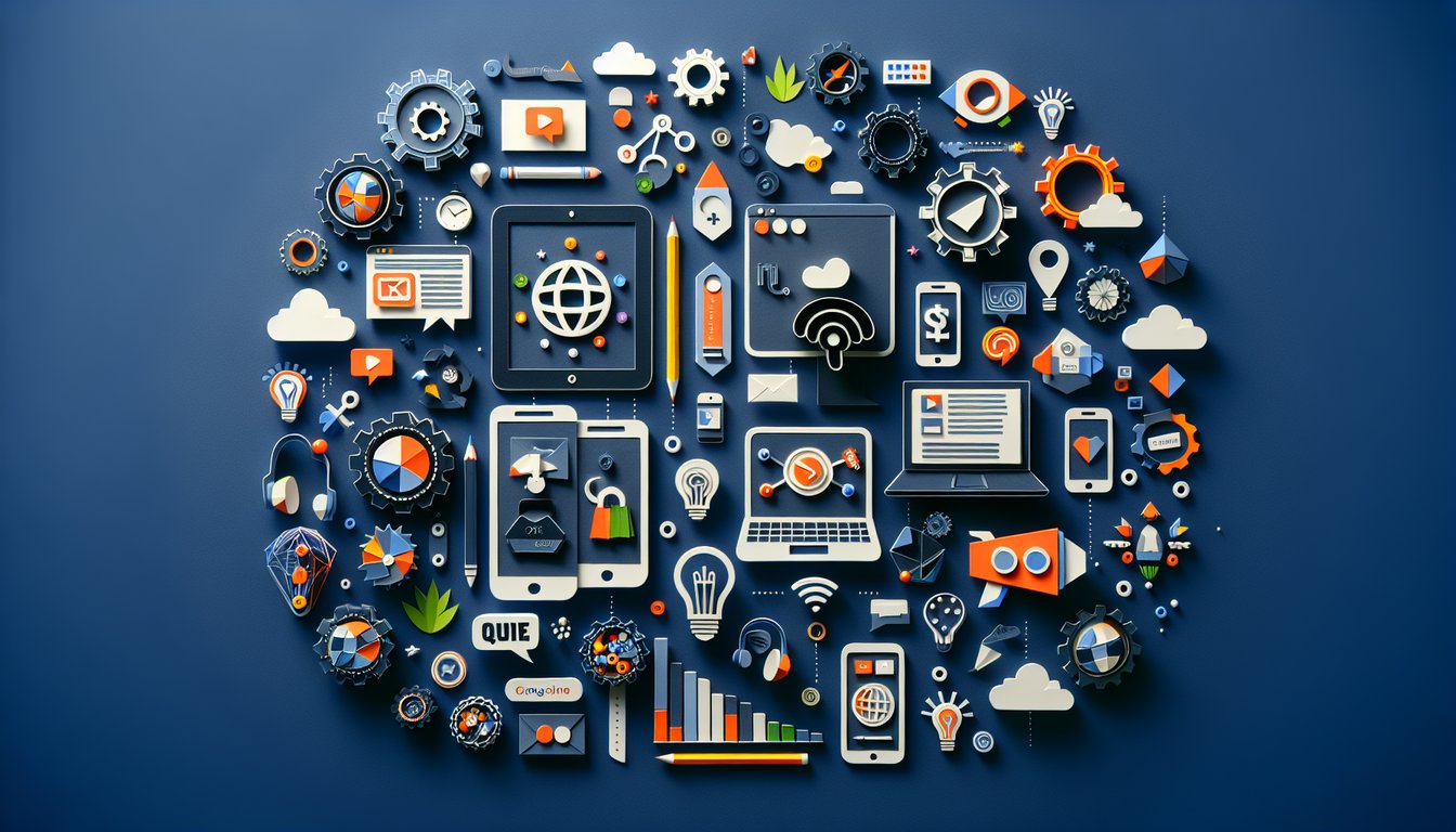 Colorful paper art depicting elements of online marketing and product knowledge quiz