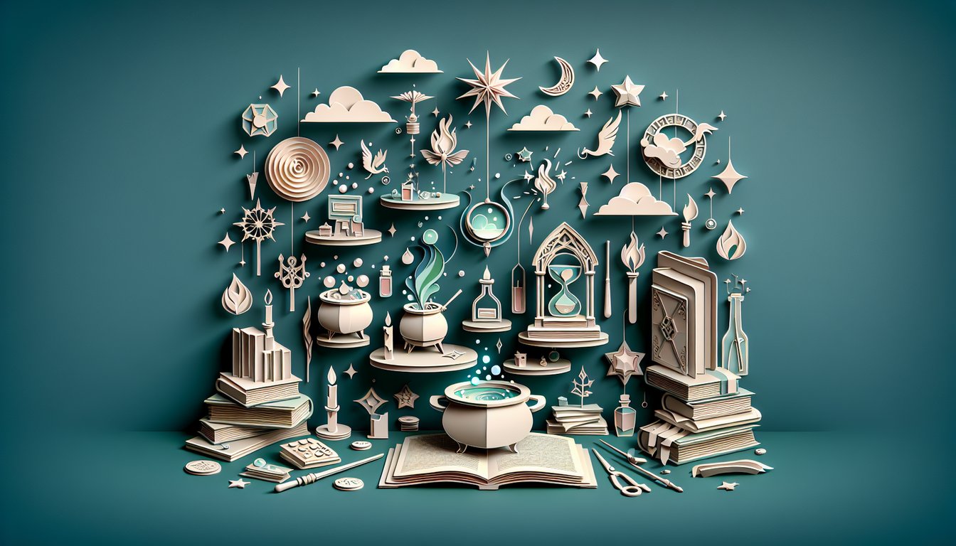 Paper art illustration featuring spellbook quill wand floating letters on teal background promoting free Harry Potter Charms NEWT quiz
