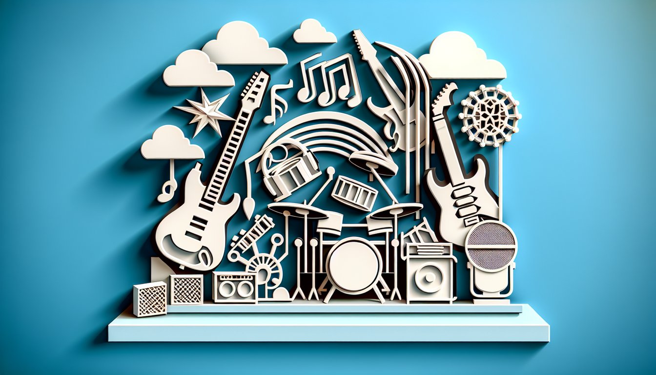 Paper art illustration for ACDC quiz with rock trivia questions on sky blue background