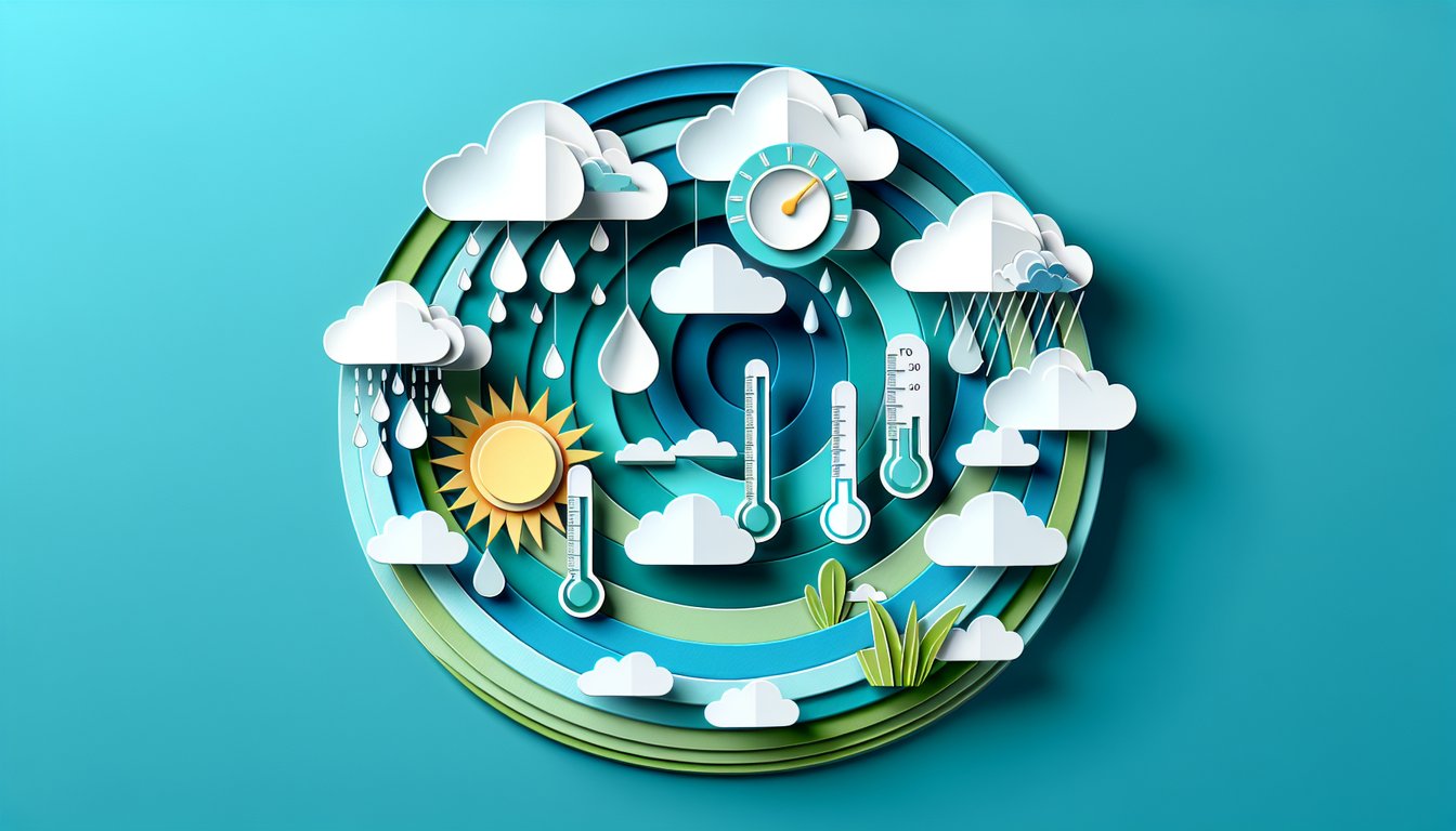 paper cut style weather quiz illustration with clouds sun raindrops thermometer on teal background